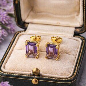 Genuine 2.48ct Emerald Cut Light Amethyst Stud Sterling Silver 14K GP Earrings